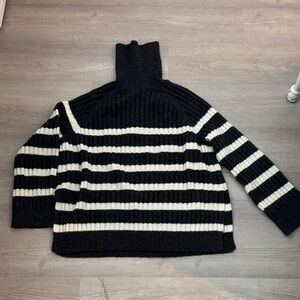 H&M Black and White Striped Ribbed Turtleneck Sweater